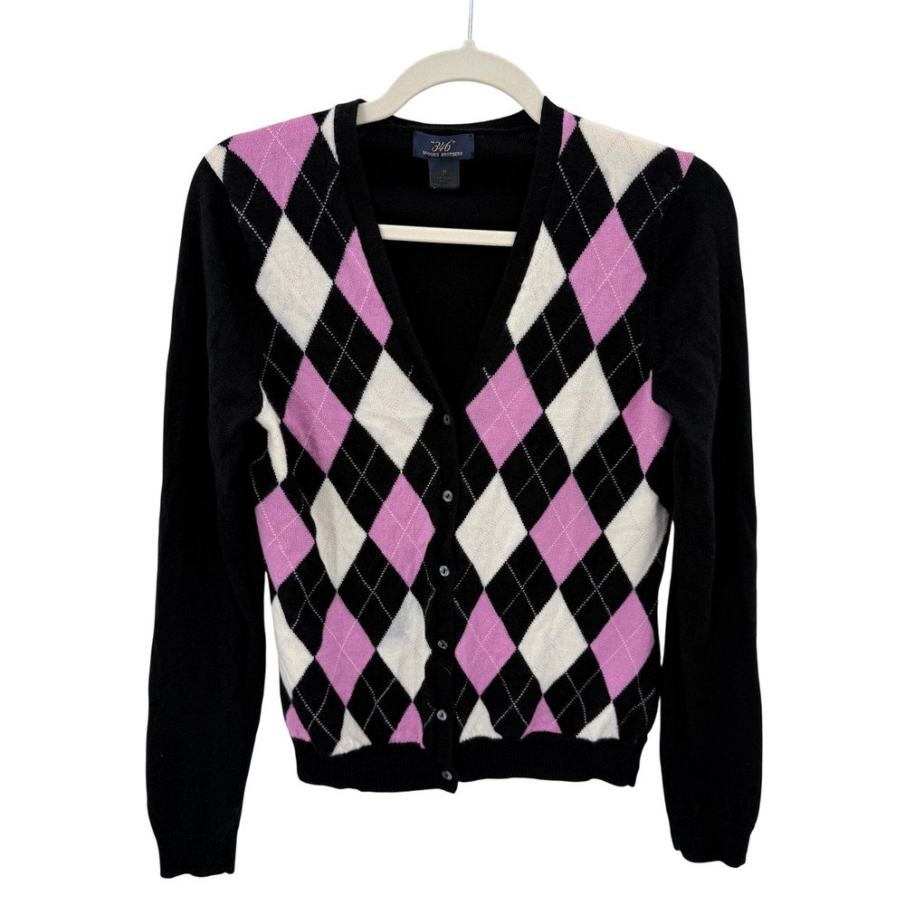 Brooks Brothers 346 Womens Argyle V-Neck Cardigan Sweater Black Pink White M